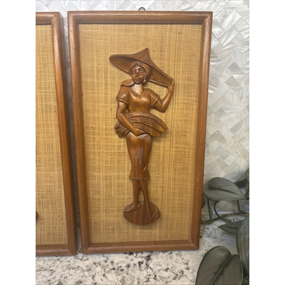2 Vintage 1960s Mid Century Carved Teak Woman‎ and Man Wall Plaques 15x8in wood